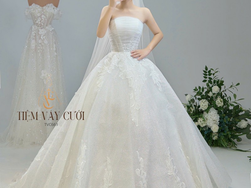 TVC663 Đầm Cưới Cô Dâu, Váy Cưới Tiệc Làm Lễ, Cúp Ngực, Vải Phi Nhật , Váy Thiết Kế