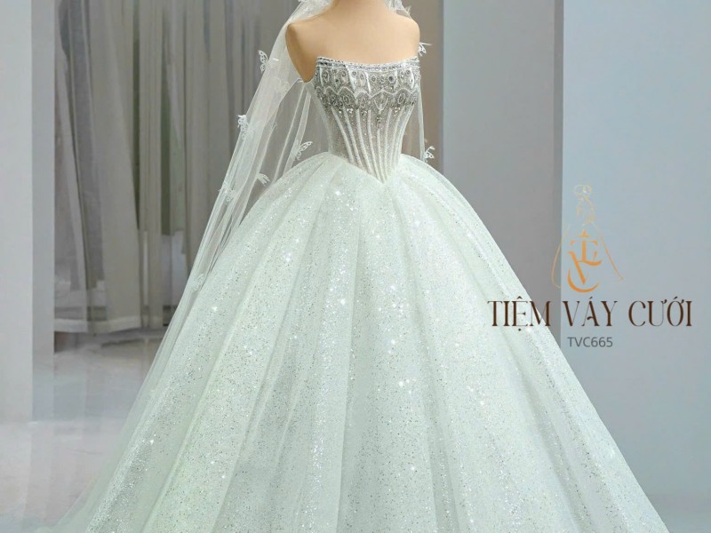 TVC665 Đầm Cưới Đi Tiệc, Váy Cưới Làm Lễ, Cúp Ngực, Vải Voan, Cúp Ngực ,Tùng Xòe