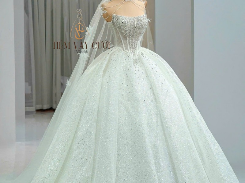 TVC666 Đầm Cưới Cô Dâu, Váy Cưới Tiệc Làm Lễ, Cúp Ngực, Tùng Bồng