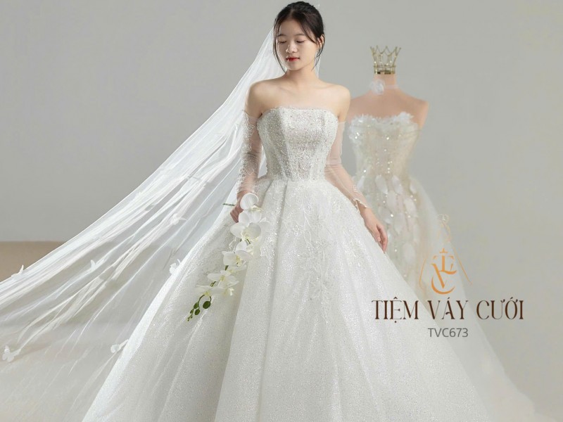 TVC673 Đầm Cưới Cô Dâu, Váy Cưới Tiệc Làm Lễ, Cúp Ngực, Vải Voan, Cúp Ngực