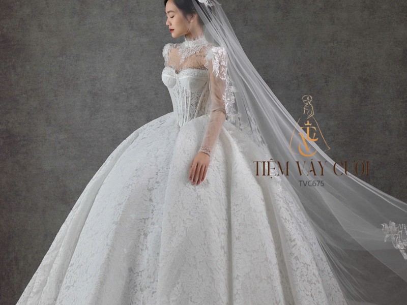 TVC675 Đầm Cưới Cô Dâu, Váy Cưới Tiệc Làm Lễ, Dáng Xoè, Dài Tay, Bồng Bềnh, Cúp Ngực
