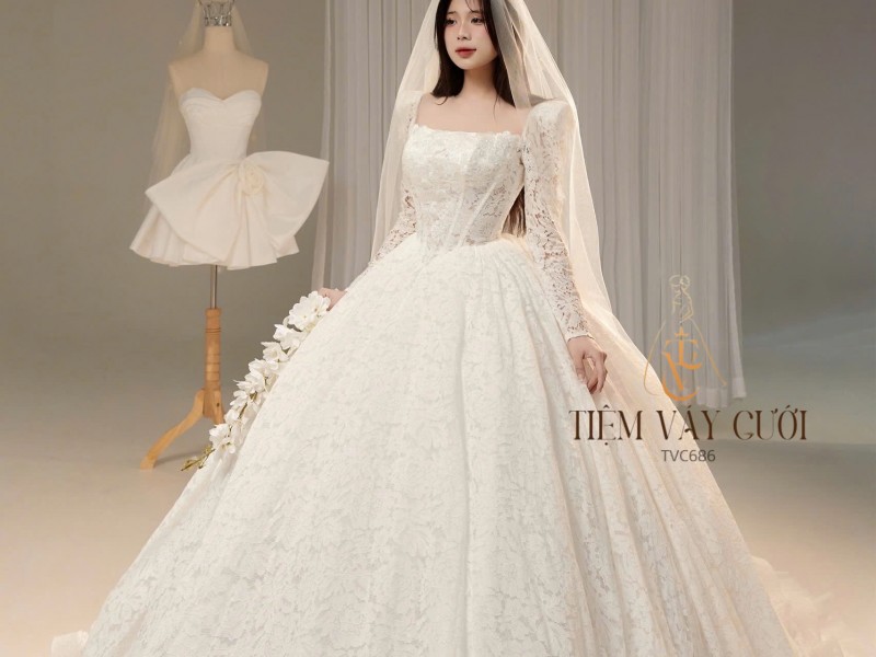 TVC686 Đầm Cưới Làm Lễ, Váy Tiệc Làm Lễ Cao Cấp, Ren, Tay Dài