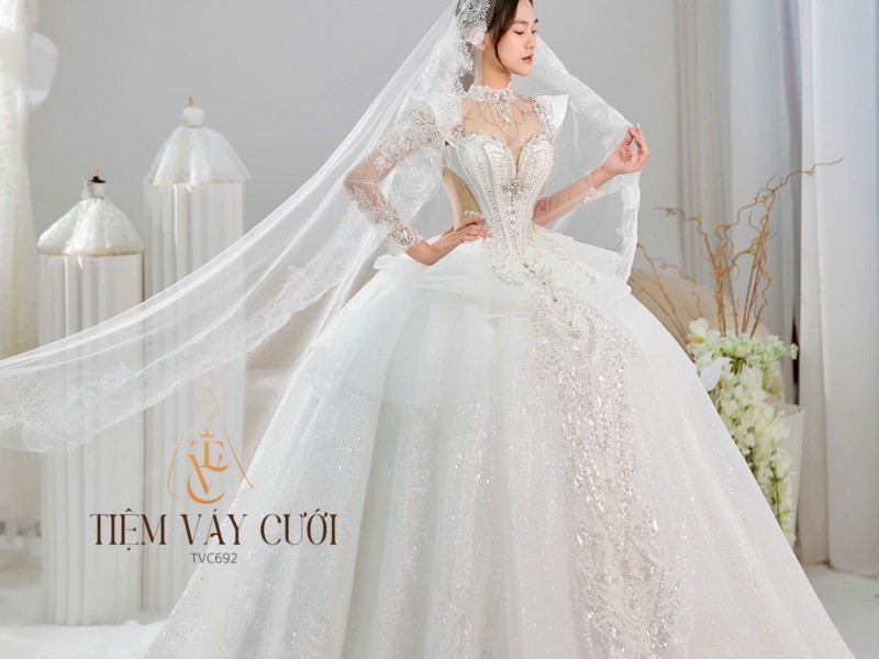 TVC692 Đầm Cưới Làm Lễ, Đầm Cưới Đi Tiệc, Kim Sa, Dài Tay, Tùng Bồng