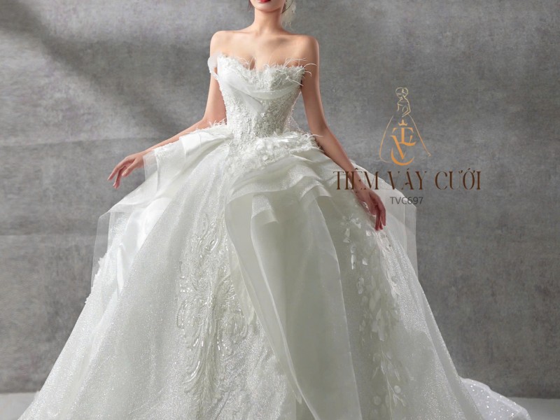 TVC697 Váy Cưới Làm Lễ, Đầm Cưới Đi Tiệc, Cúp Ngực, Hoạ Tiết