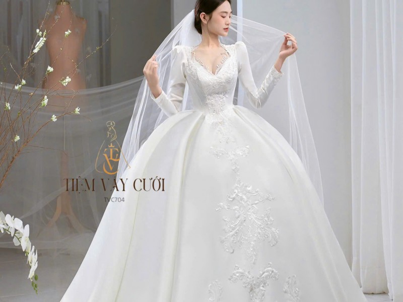 TVC704 Váy Cưới Làm Lễ, Đầm Tiệc Cao Cấp, Voan, Dài Tay, Xếp Ly
