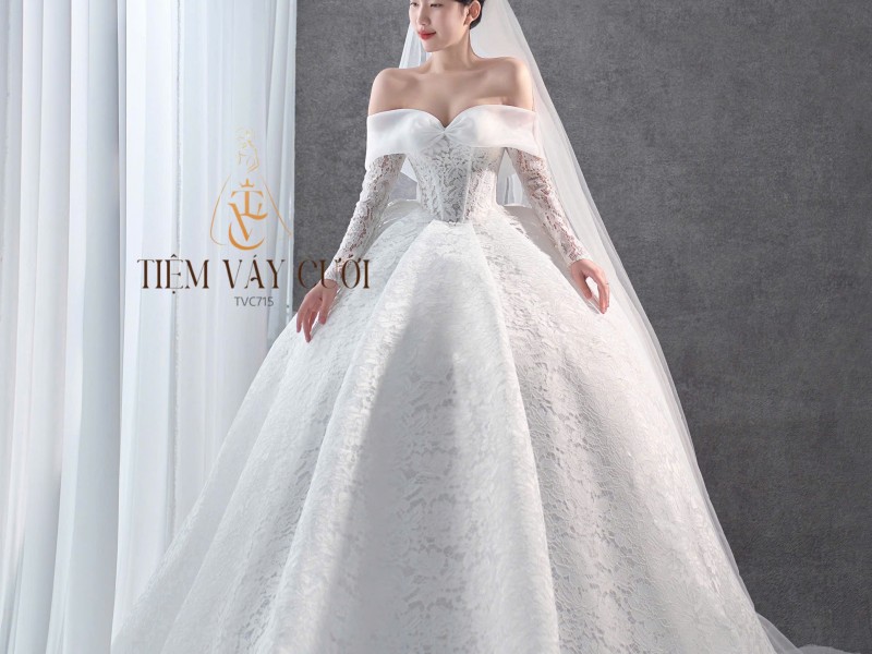 TVC715 Váy Cưới Làm Lễ, Đầm Cưới Đi Tiệc, Bệt Vai Ngang, Ren Thiết Kế
