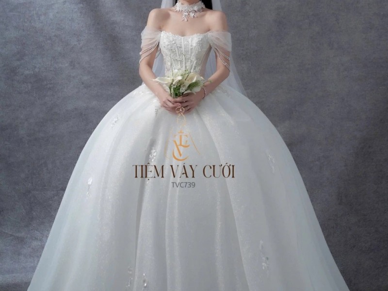 TVC739 Váy Cưới Làm Lễ, Đầm Cưới Đi Tiệc, Xếp Ly, Trễ Vai, Ngọc Trai