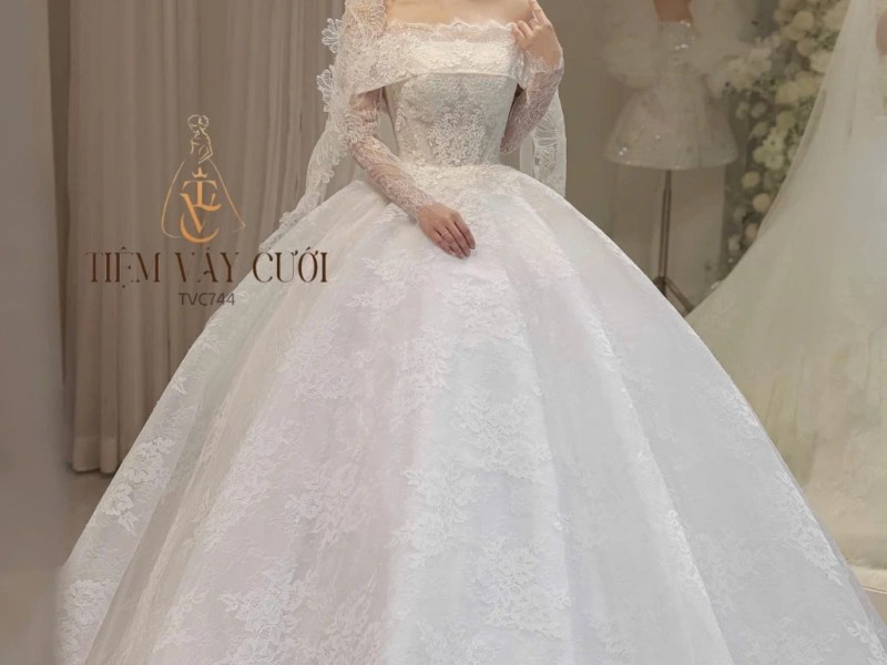 TVC744 Váy Cưới Làm Lễ, Đầm Cưới Đi Tiệc, Bệt Vai Ngang, Ren, Tùng Bồng