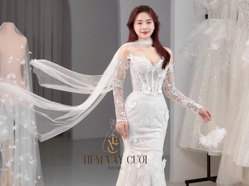 TVC745 Váy Cưới Đi Bàn, Đầm Cưới Đuôi Cá, Cúp Ngực, Hoạ Tiết