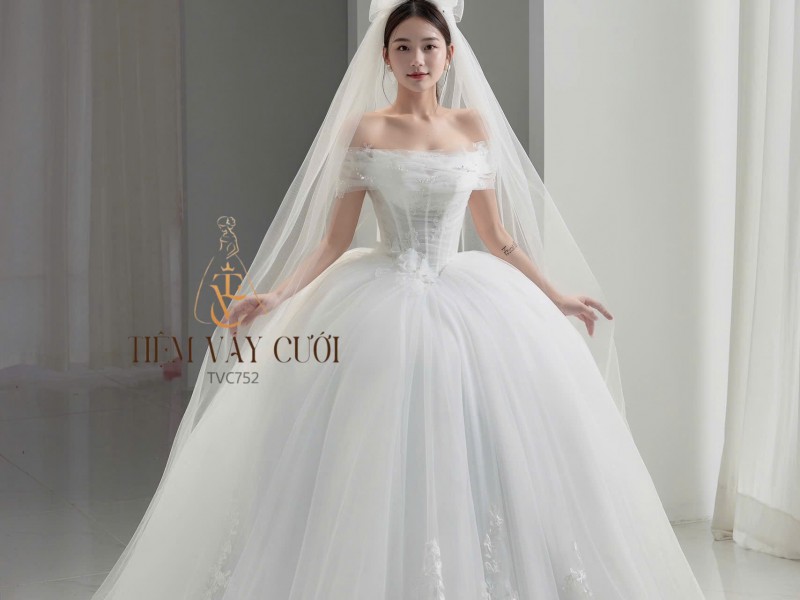 TVC752 Váy Cưới Làm Lễ, Đầm Cưới Đi Tiệc, Xếp Ly, Kim Sa, Cúp Ngực