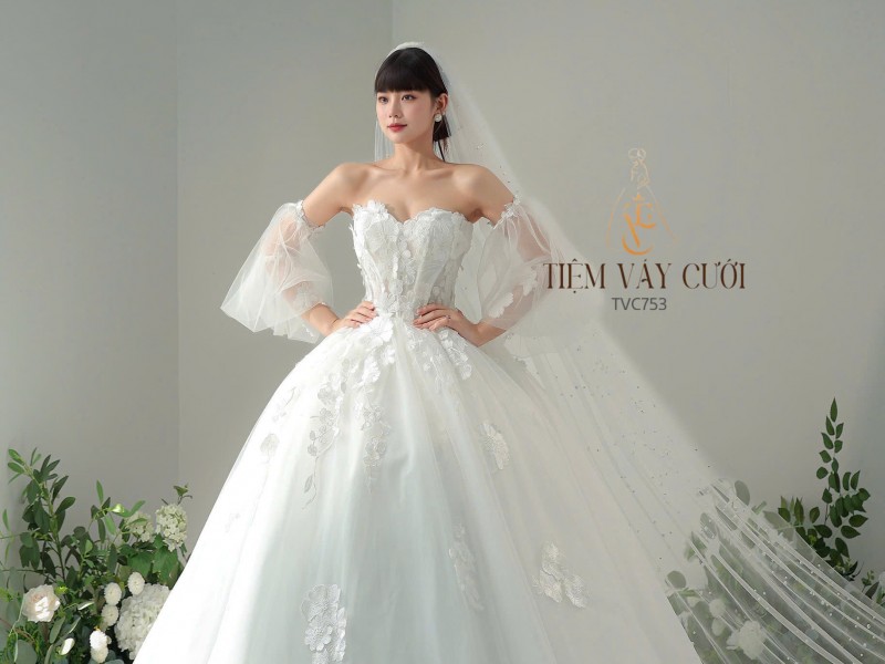 TVC753 Váy Cưới Làm Lễ, Đầm Cưới Đi Tiệc, Cúp Ngực, Dáng Xoè, Ren, Đính Hoa