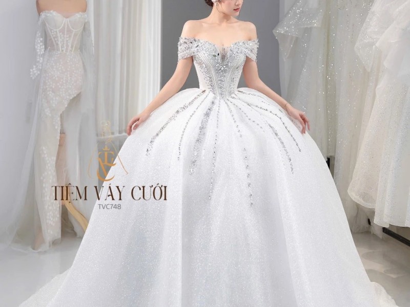 TVC748 Váy Cưới Làm Lễ, Đầm Cưới Cao Cấp, Cúp Ngực, Hoa 3D, Cổ Rờ