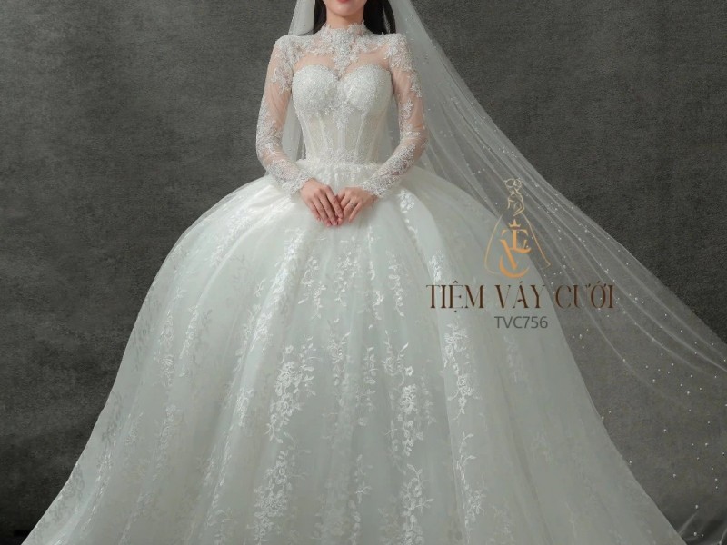TVC756 Váy Cưới Làm Lễ, Váy Cưới Tiệc Cúp Ngực, Dài Tay, Kim Sa