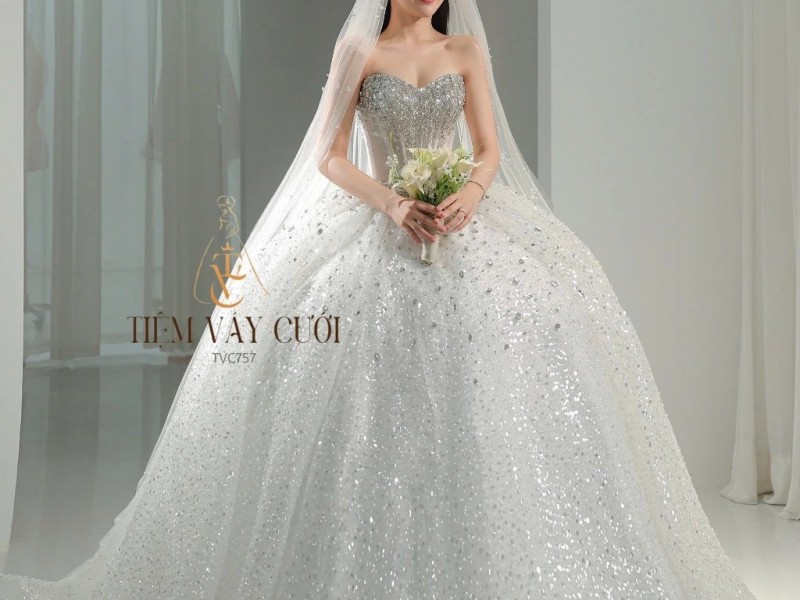 TVC757 Váy Cưới Làm Lễ, Đầm Cưới Cao Cấp, Cúp Ngực, Xếp Ly