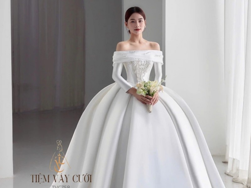 TVC758 Váy Cưới Làm Lễ, Đầm Cưới Đi Tiệc, Dài Tay, Bệt Vai Ngang, Dáng Xoè