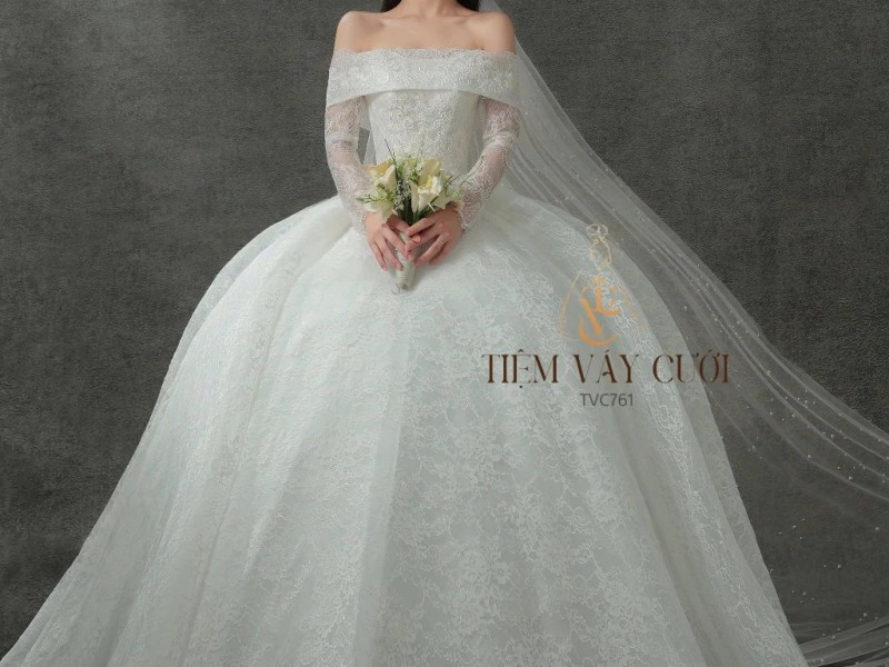 TVC761 Váy Cưới Làm Lễ, Đầm Cưới Đi Tiệc, Tay Dài, Bệt Vai Ngang, Tùng Bồng