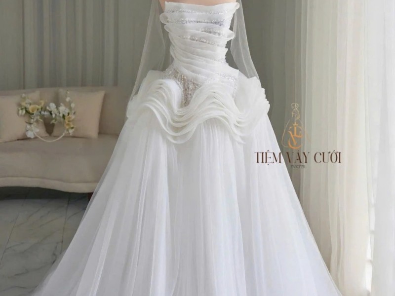 TVC775 Váy Cưới Đi Tiệc, Đầm Cưới Dáng Xuông, Cúp ngực, Đính ngọc