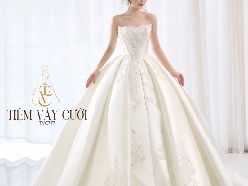 TVC777 Váy Cưới Làm Lễ, Váy Cưới Tiệc Cúp Ngực, Vải Phi Nhật , Váy Thiết Kế