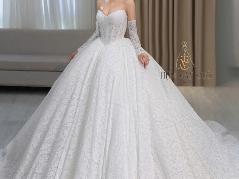 TVC797 Váy Cưới Làm Lễ, Đầm Cưới Đi Tiệc, Bệt Vai Ngang, Ren, Tùng Bồng