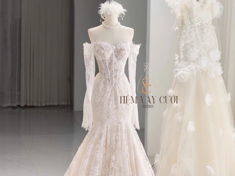 TVC801 Váy Cưới Đi Bàn, Đầm Cưới Đuôi Cá, Cúp Ngực, Dáng Ôm