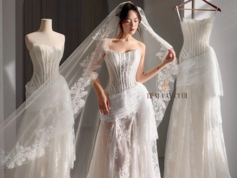 TVC813 Váy Cưới Đi Bàn, Đầm Cưới Đuôi Cá, Ren , Tà Lệch