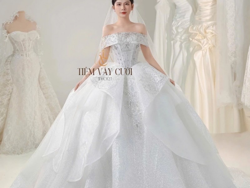 TVC827 Váy Cưới Làm Lễ, Đầm Cưới Đi Tiệc, Voan, Bệt Vai Ngang, Tùng Bồng