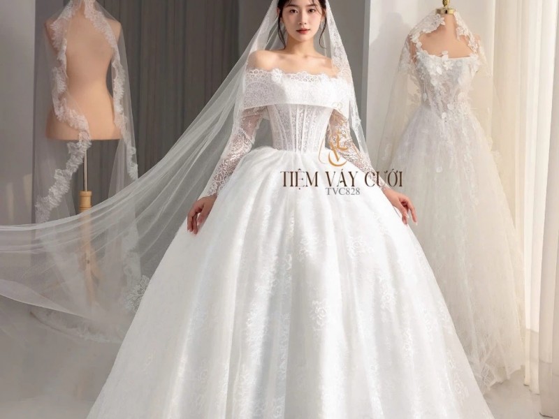 TVC828 Váy Cưới Làm Lễ, Đầm Cưới Đi Tiệc, Cúp Ngực, Tùng Bồng, Xếp Ly