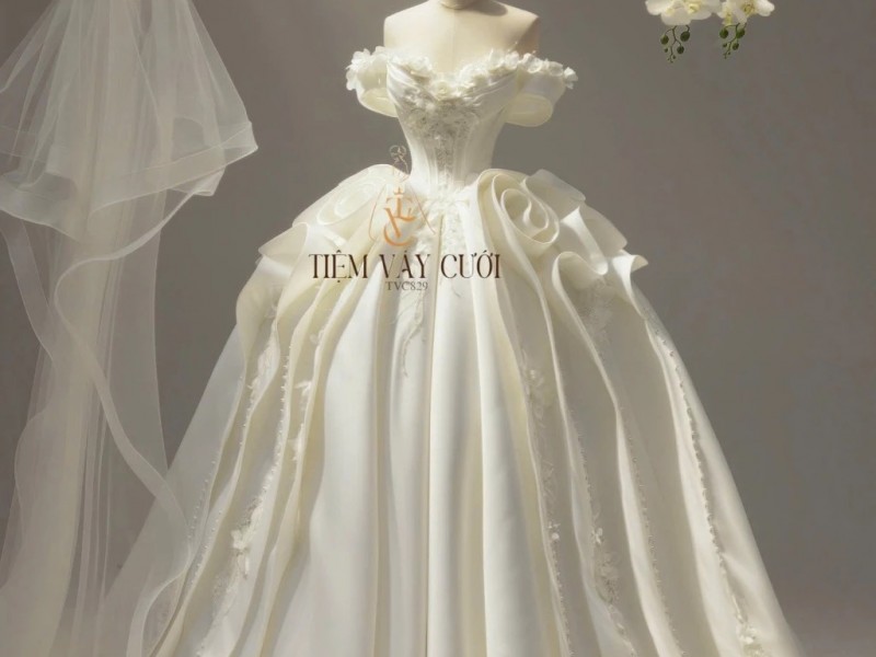 TVC829 Váy Cưới Làm Lễ, Đầm Cưới Cao Cấp, Cúp Ngực, Họa Tiết, Tặng Tùng + Voan + Mút Ngực