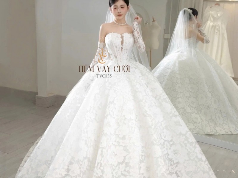 TVC835 Váy Cưới Làm Lễ, Đầm Cưới Đi Tiệc, Dài Tay, Vải Ren, Hoa 3D Bản To