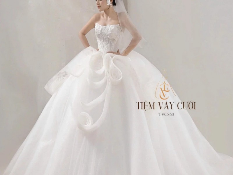 TVC860 Váy Cưới Làm Lễ, Váy Cưới Cô Dâu, Đầm Cưới Đi Tiệc, Cúp Ngực, Tùng Bồng, Xếp Ly