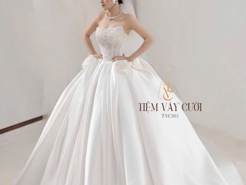 TVC861 Váy Cưới Làm Lễ, Váy Cưới Cô Dâu, Cúp Ngực, Phi, Hoa 3D, Cúp Ngực, Váy Thiết Kế